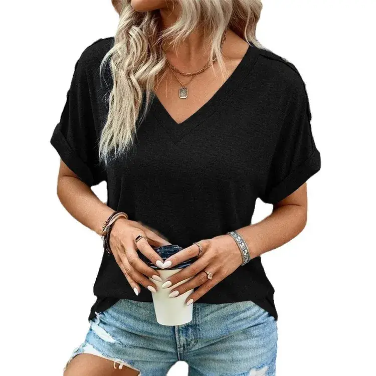 2023 Women Black V-Neck T-Shirt Short Sleeve - Image 12