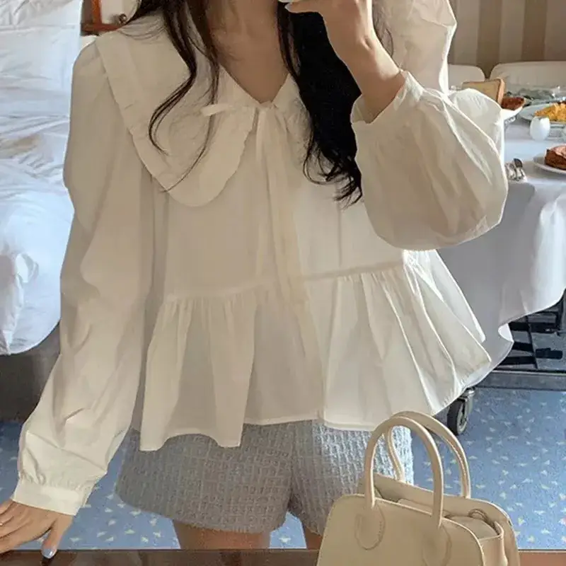 Women White Long Sleeve Doll Collar Shirt with Wooden Ear Lace Bow - Image 3