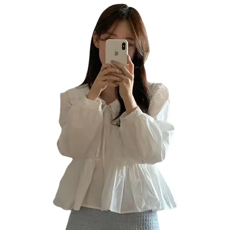 Women White Long Sleeve Doll Collar Shirt with Wooden Ear Lace Bow - Image 5