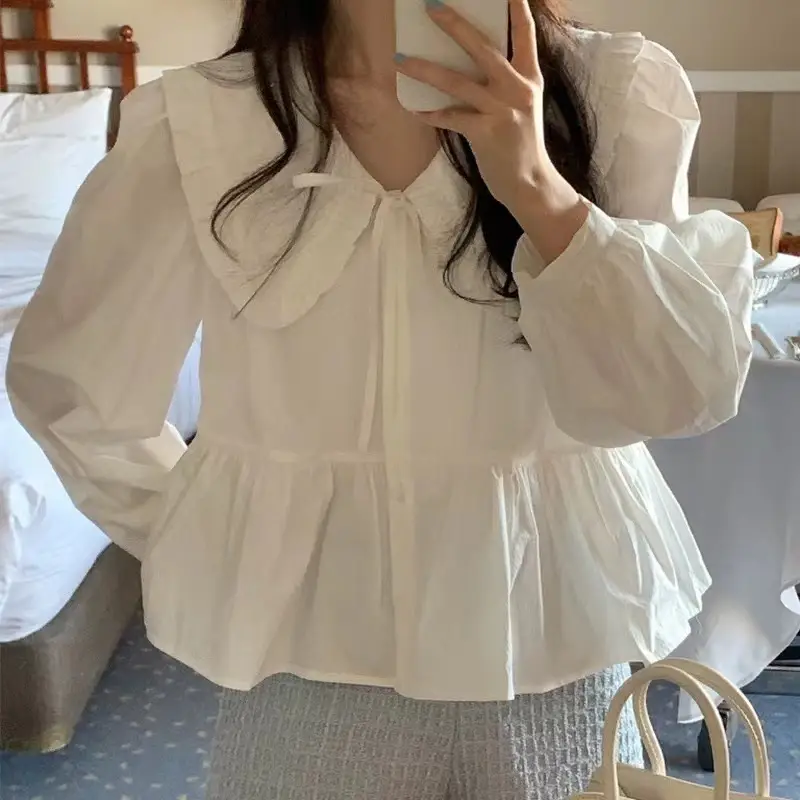 Women White Long Sleeve Doll Collar Shirt with Wooden Ear Lace Bow — feature 1