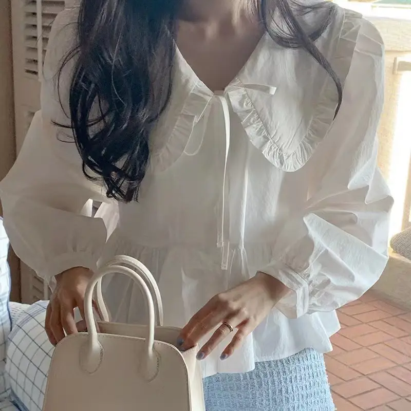 Women White Long Sleeve Doll Collar Shirt with Wooden Ear Lace Bow — feature 2