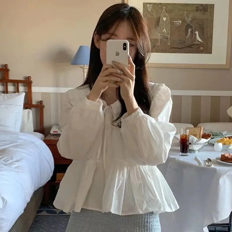 Women White Long Sleeve Doll Collar Shirt with Wooden Ear Lace Bow — feature 4