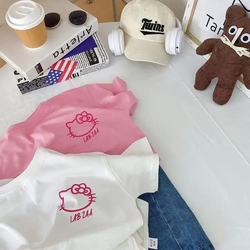 100% Cotton Hello Kitty T-Shirt for Girls Pink White