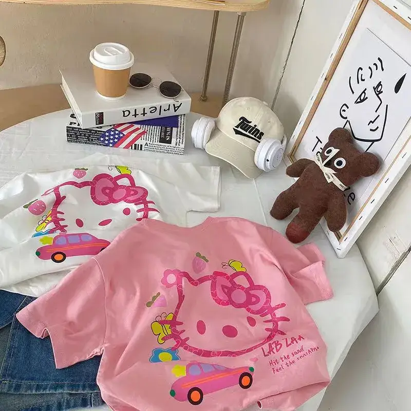 100% Cotton Hello Kitty T-Shirt for Girls Pink White — feature 2