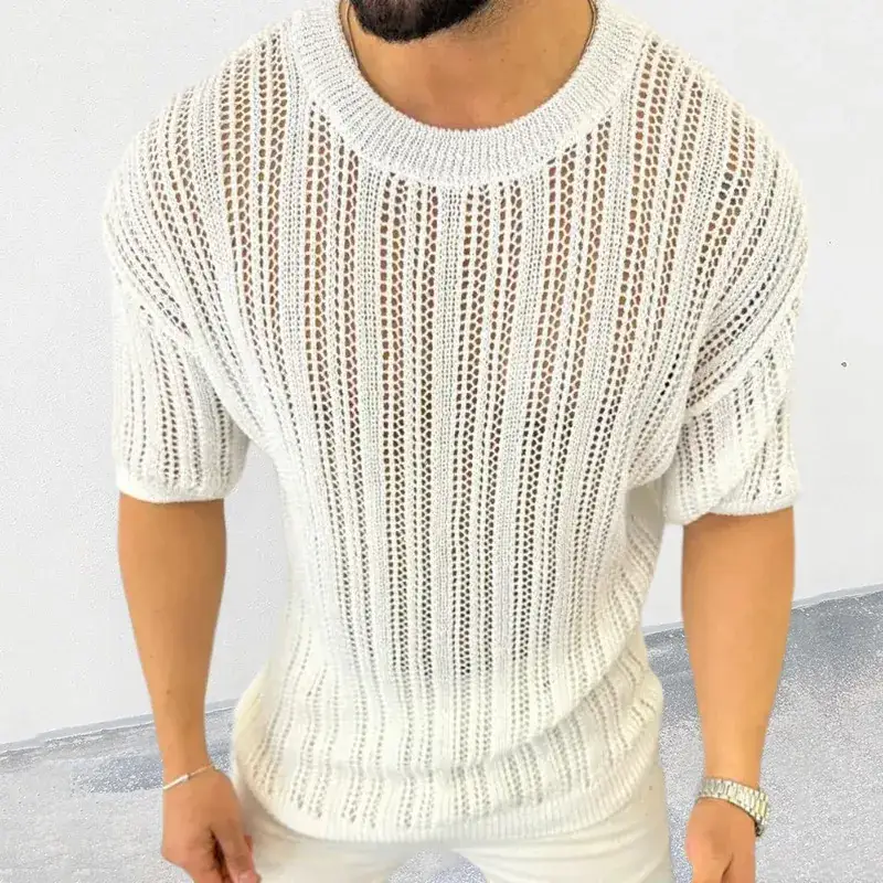 Men's White Knit Hollow Short Sleeve T-Shirt