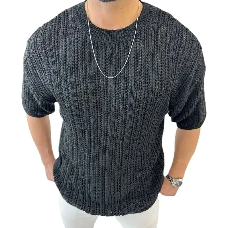 Men's White Knit Hollow Short Sleeve T-Shirt