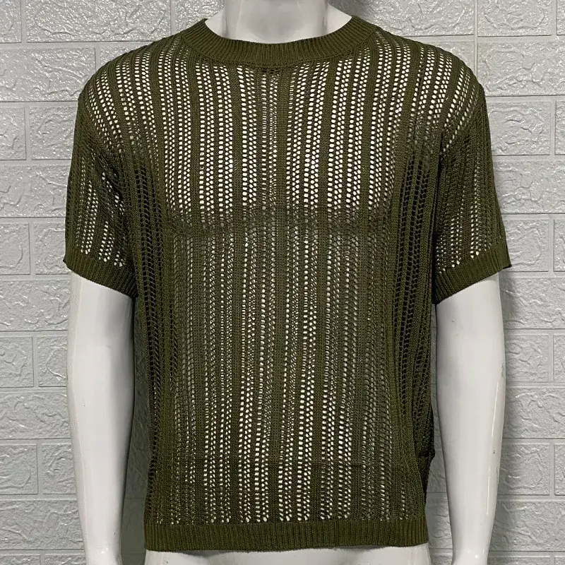 Men's White Knit Hollow Short Sleeve T-Shirt