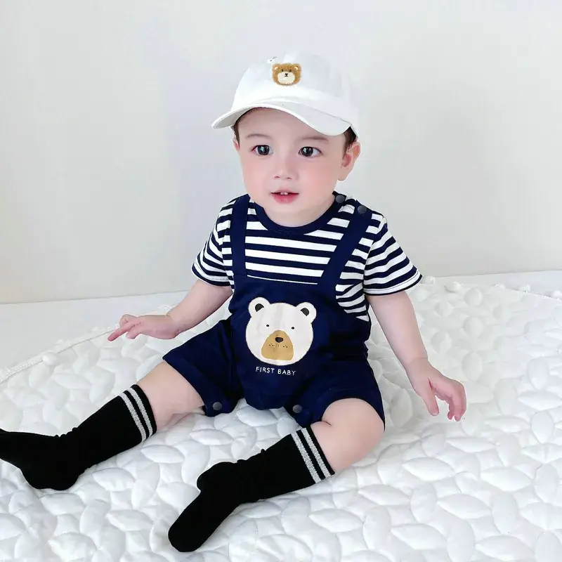 Newborn Baby Striped Bear Print Shorts Set - Image 4