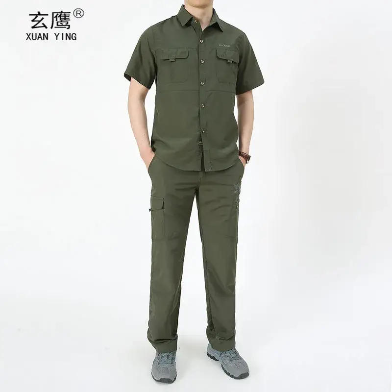 Men's Olive Green Thin Work Pants Short Sleeve - Image 13