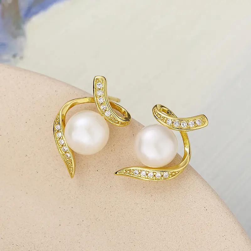 Natural Pearl S-Shape Earrings Gold Plated - Image 3