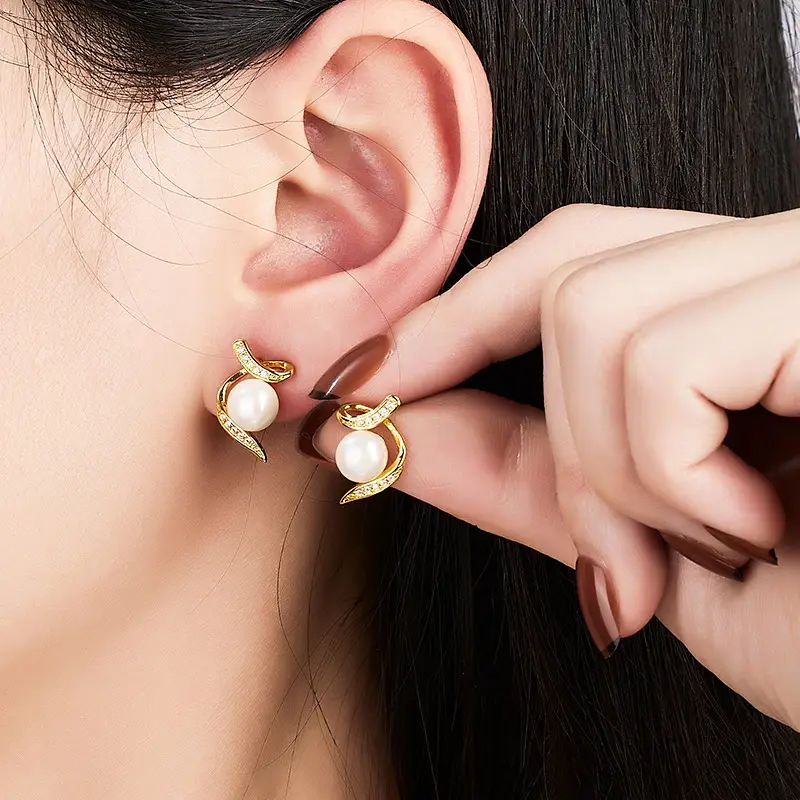 Natural Pearl S-Shape Earrings Gold Plated - Image 4