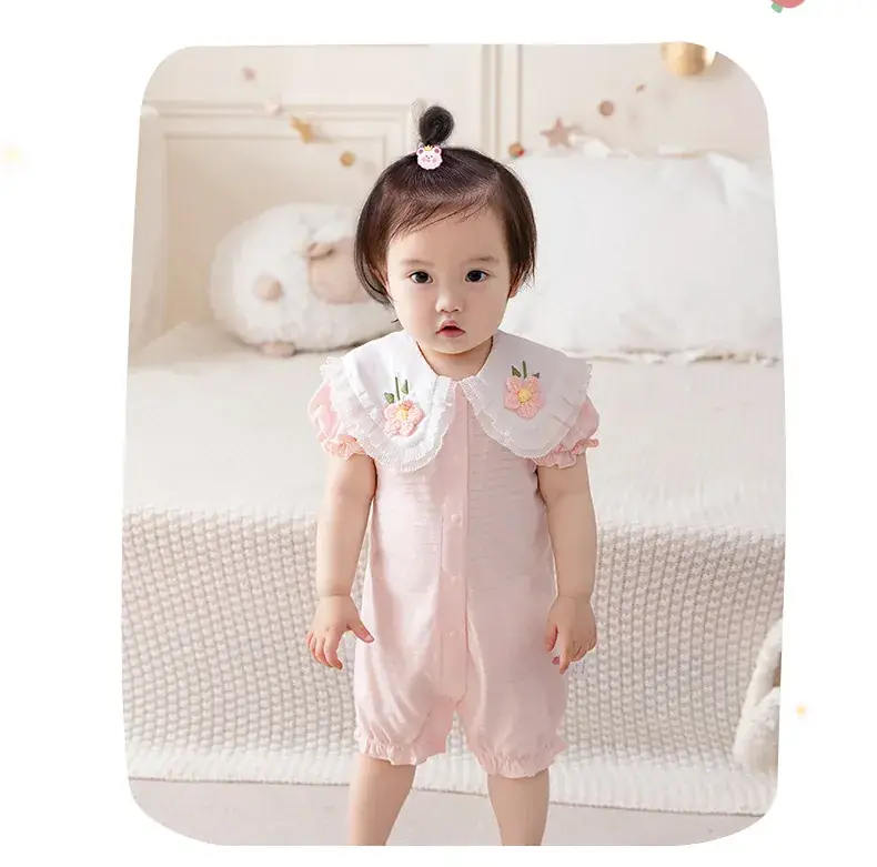 Baby's Pink Floral Wrap Shirt Short Sleeve Cotton — feature 9