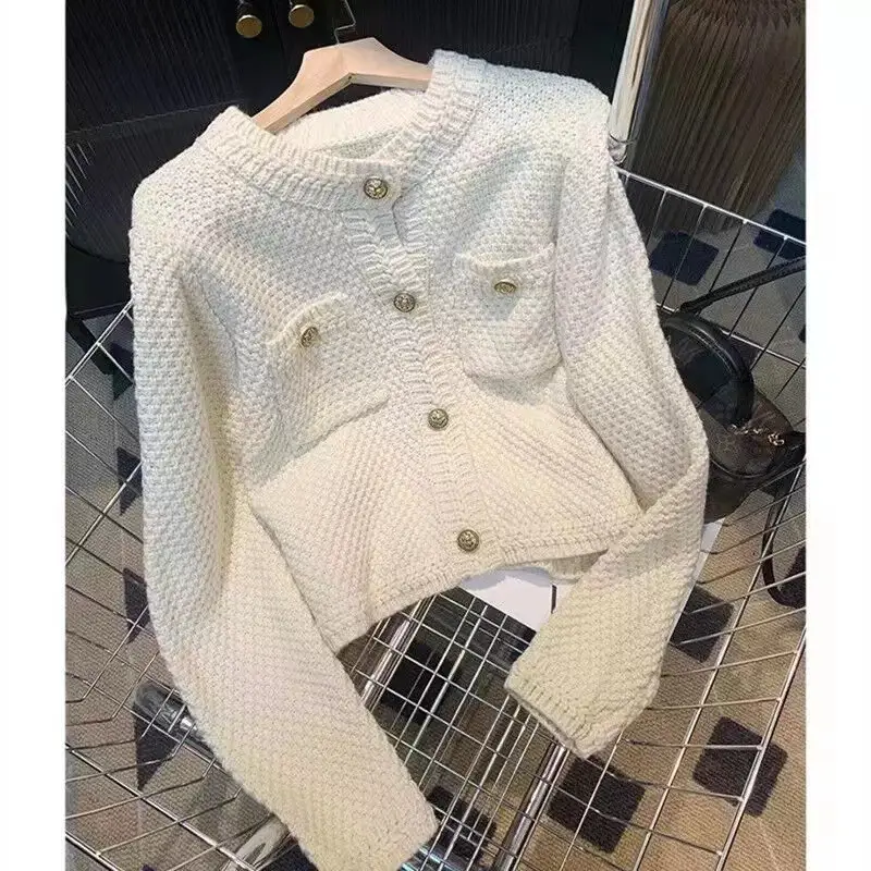 Women's 2023 Round Neck Sweater Jacket White Waffle - Image 7