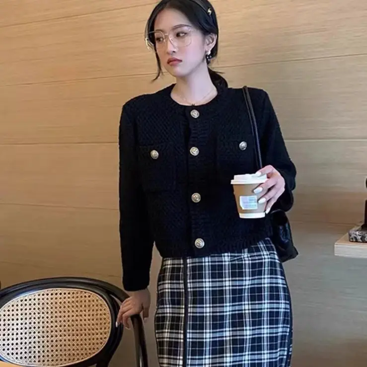 Women's 2023 Round Neck Sweater Jacket White Waffle - Image 9
