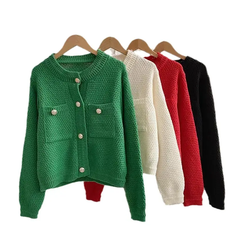 Women's 2023 Round Neck Sweater Jacket White Waffle - Image 10
