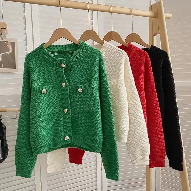 Women's 2023 Round Neck Sweater Jacket White Waffle — feature 2