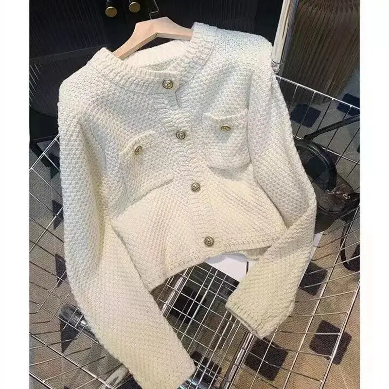 Women's 2023 Round Neck Sweater Jacket White Waffle — feature 4