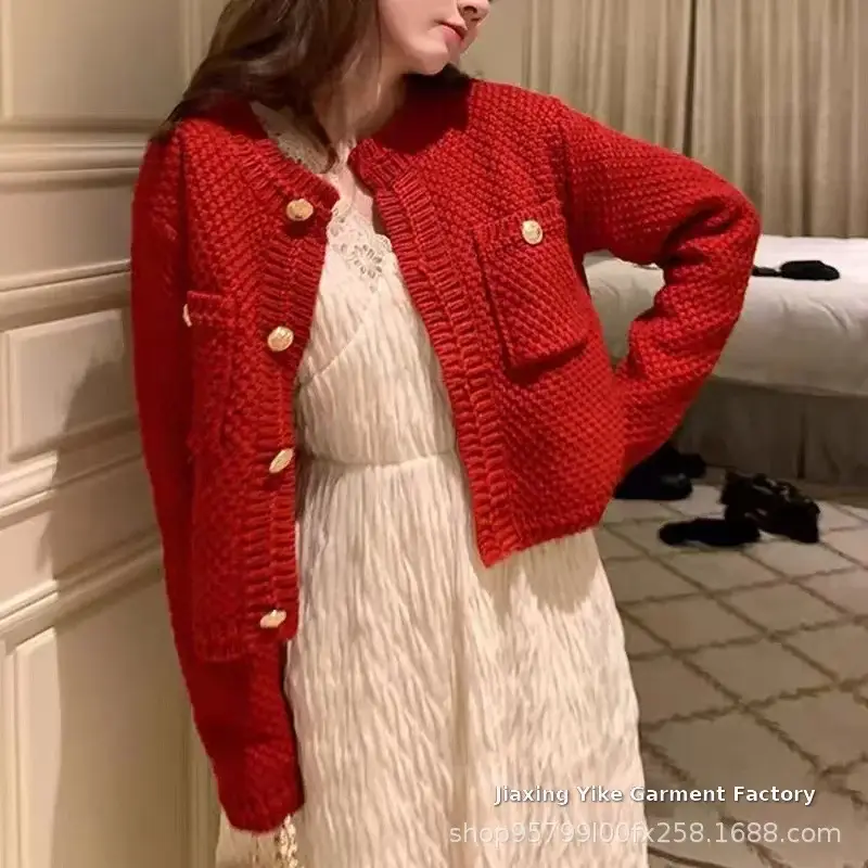 Women's 2023 Round Neck Sweater Jacket White Waffle — feature 6