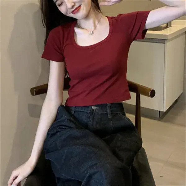 Women's Stretch Rayon U-Collar T-Shirt Maroon Short Sleeve - Image 4