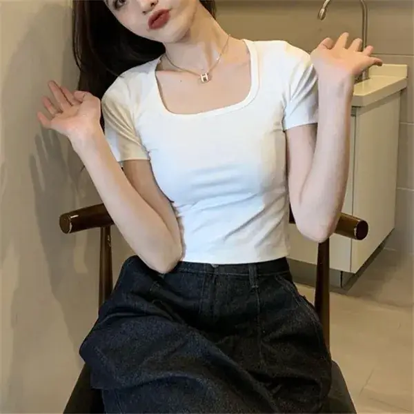 Women's Stretch Rayon U-Collar T-Shirt Maroon Short Sleeve - Image 6