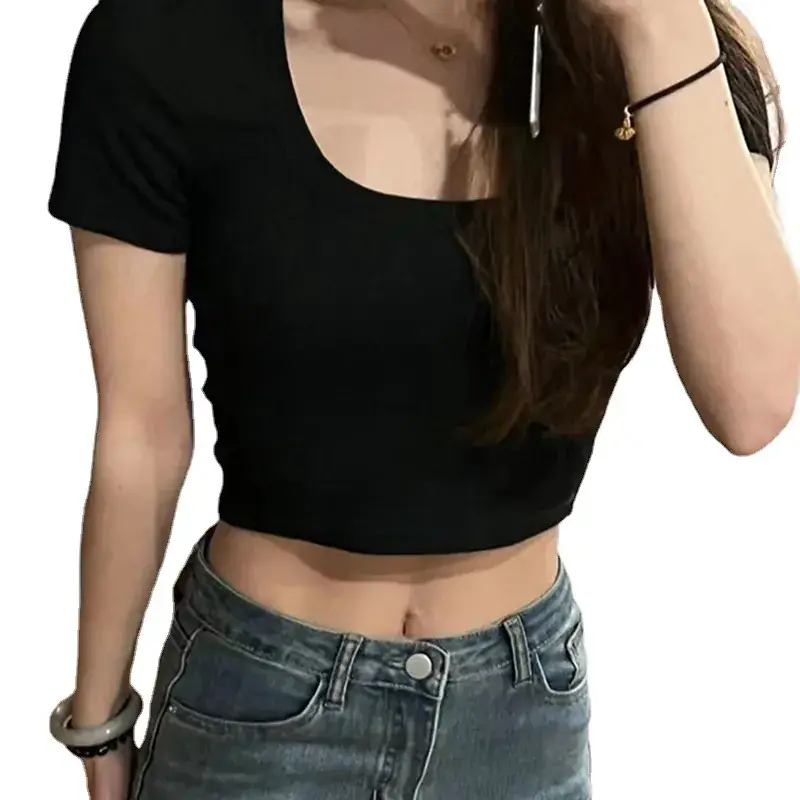 Women's Stretch Rayon U-Collar T-Shirt Maroon Short Sleeve - Image 8