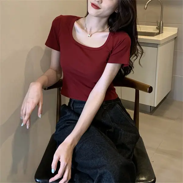 Women's Stretch Rayon U-Collar T-Shirt Maroon Short Sleeve — feature 6