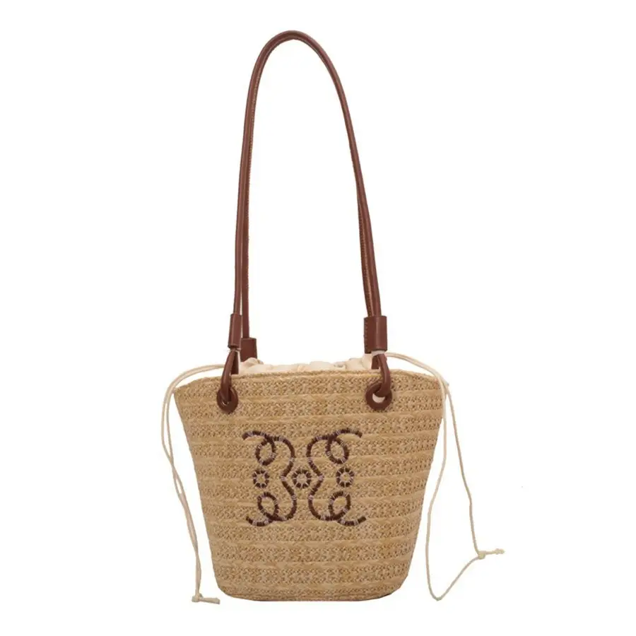 Women Straw Shoulder Bag with Butterfly Embroidery - Image 6