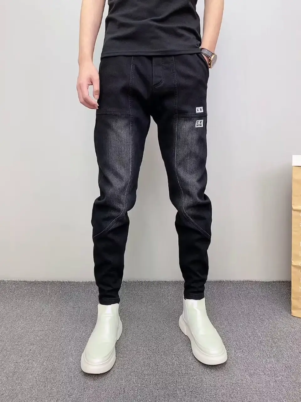 Men Black Cropped Loose Leg Pants Summer Casual — feature 1