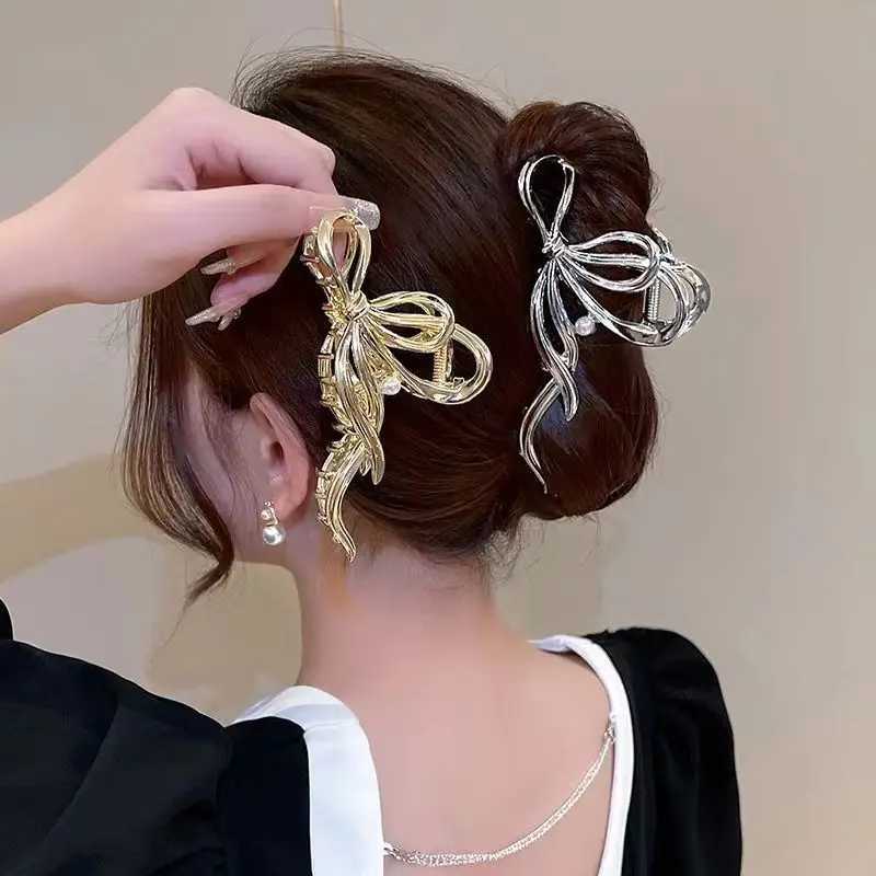 Gold Bow Hair Clip for Women's Large Plate Hair Accessories — feature 1