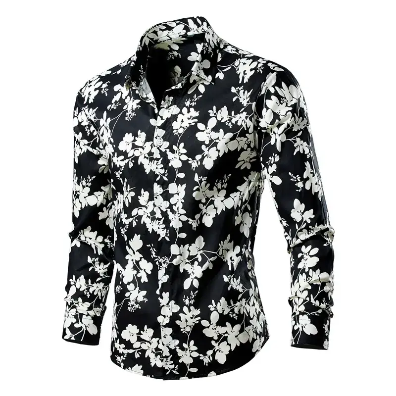 Men's Long Sleeve Lapel Shirt Black Floral Pattern - Image 8