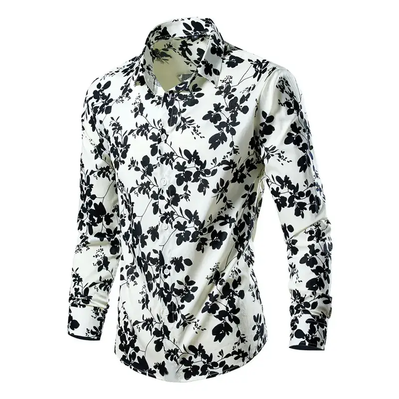 Men's Long Sleeve Lapel Shirt Black Floral Pattern - Image 7