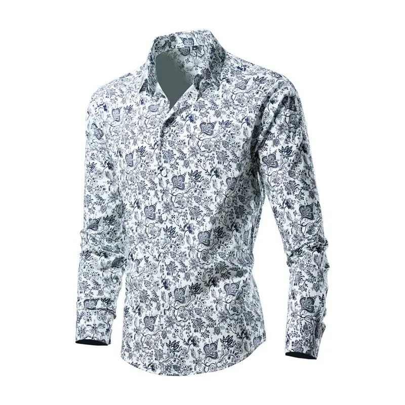 Men's Long Sleeve Lapel Shirt Black Floral Pattern - Image 3