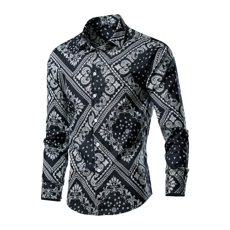 Men's Long Sleeve Lapel Shirt Black Floral Pattern - Image 4