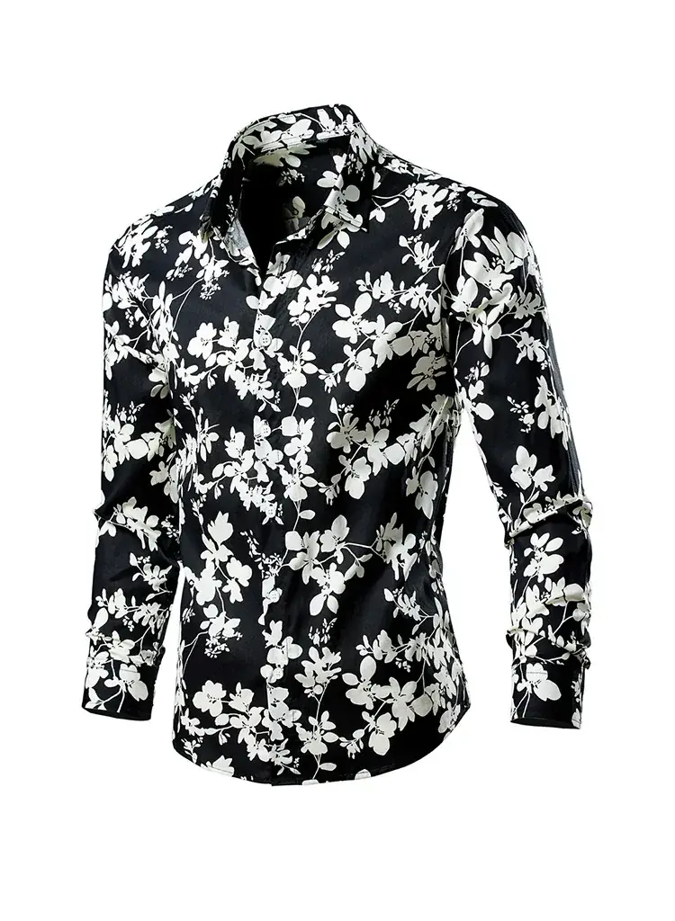 Men's Long Sleeve Lapel Shirt Black Floral Pattern — feature 10
