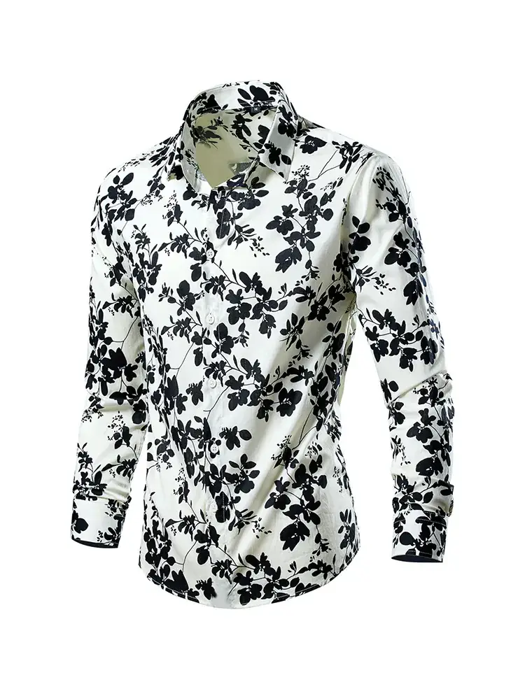 Men's Long Sleeve Lapel Shirt Black Floral Pattern — feature 11