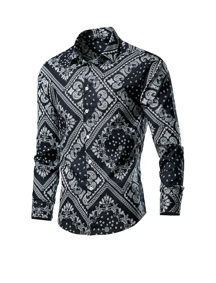 Men's Long Sleeve Lapel Shirt Black Floral Pattern — feature 12