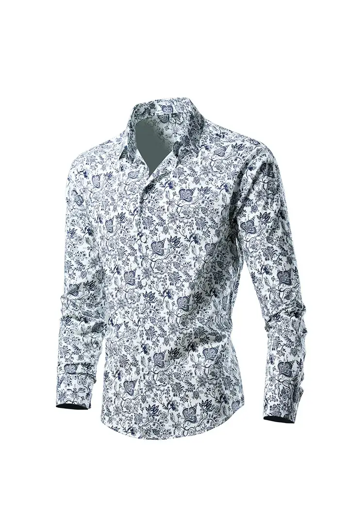 Men's Long Sleeve Lapel Shirt Black Floral Pattern — feature 13