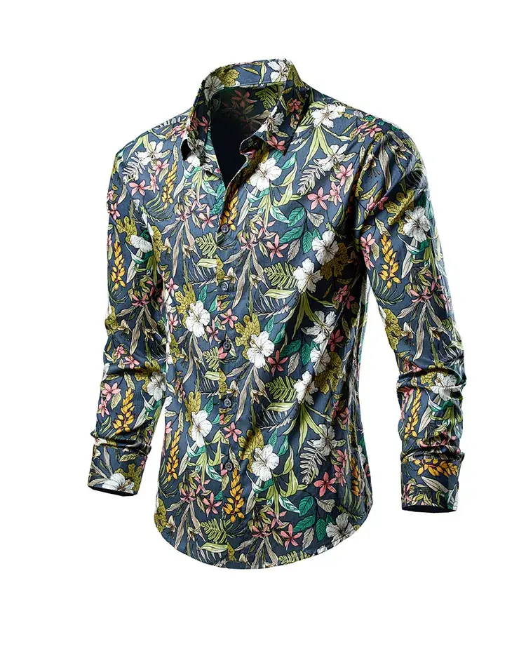 Men's Long Sleeve Lapel Shirt Black Floral Pattern — feature 14