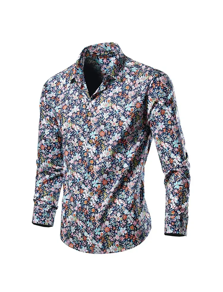 Men's Long Sleeve Lapel Shirt Black Floral Pattern — feature 15