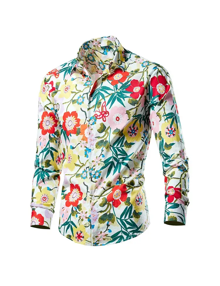 Men's Long Sleeve Lapel Shirt Black Floral Pattern — feature 16