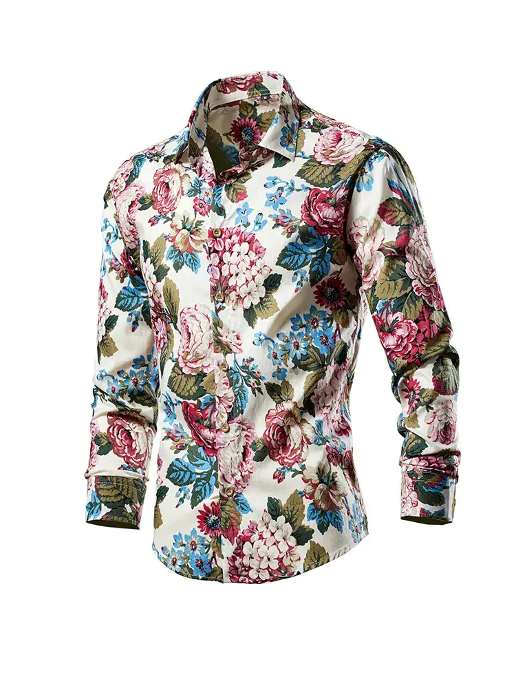 Men's Long Sleeve Lapel Shirt Black Floral Pattern — feature 17