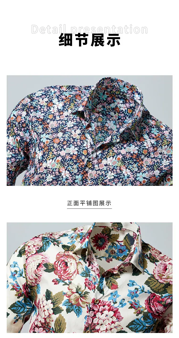 Men's Long Sleeve Lapel Shirt Black Floral Pattern — feature 19