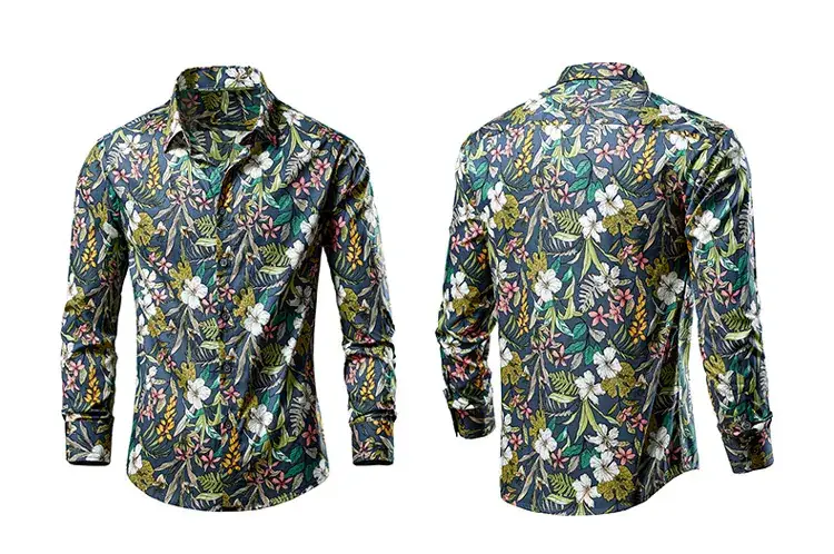 Men's Long Sleeve Lapel Shirt Black Floral Pattern — feature 2
