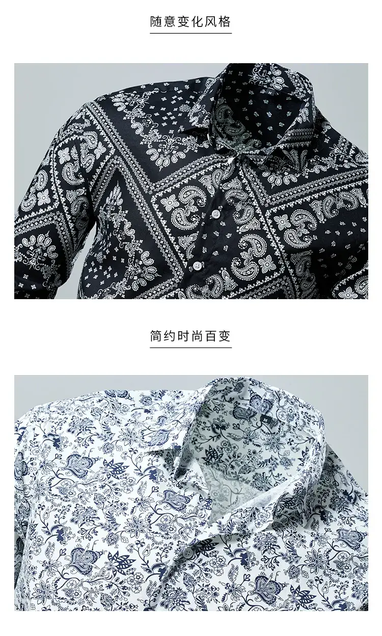 Men's Long Sleeve Lapel Shirt Black Floral Pattern — feature 21