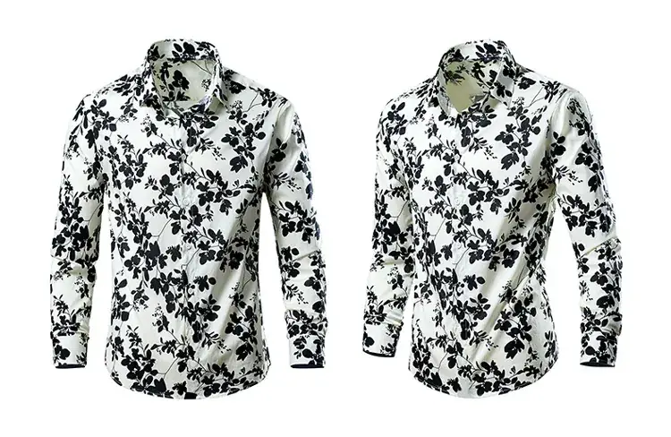 Men's Long Sleeve Lapel Shirt Black Floral Pattern — feature 3
