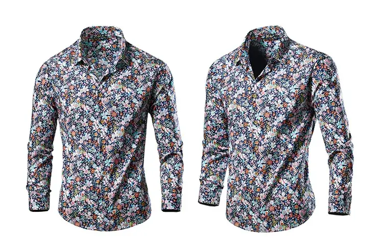 Men's Long Sleeve Lapel Shirt Black Floral Pattern — feature 4