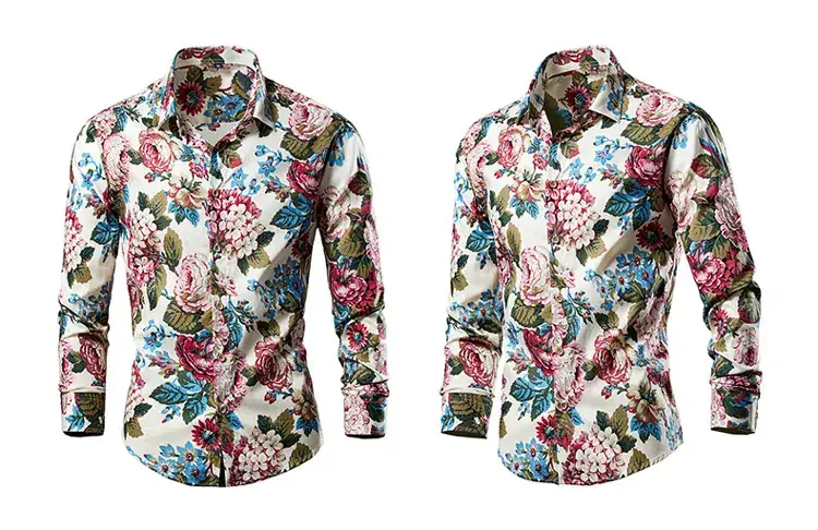 Men's Long Sleeve Lapel Shirt Black Floral Pattern — feature 5