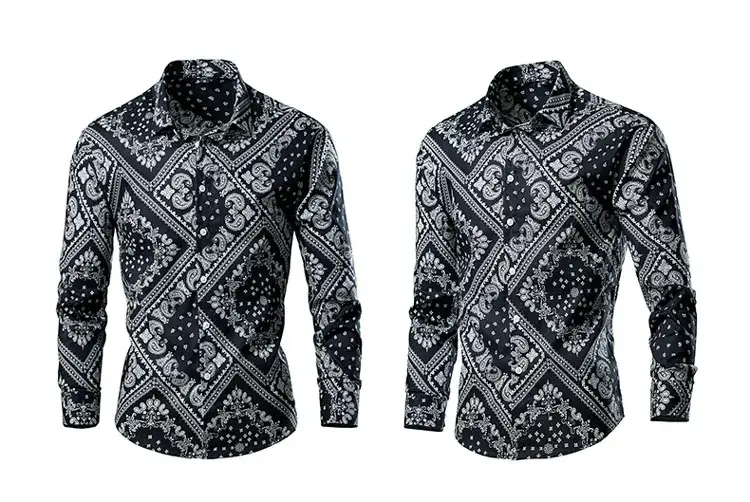Men's Long Sleeve Lapel Shirt Black Floral Pattern — feature 8