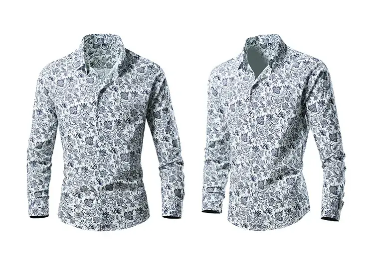 Men's Long Sleeve Lapel Shirt Black Floral Pattern — feature 9