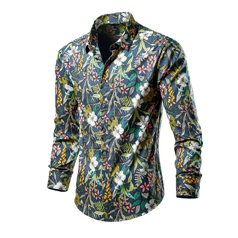 Men's Long Sleeve Lapel Shirt Black Floral Pattern - Image 2